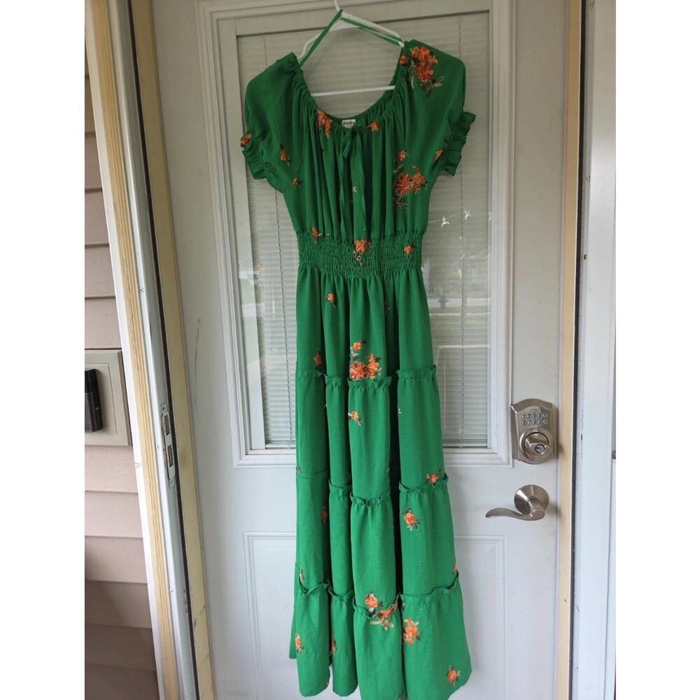 Anthropologie Kindred Women’s Green Embroidered Floral Tiered Maxi Dress Size L - Picture 3 of 6